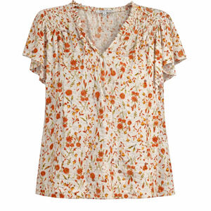 Rose + Olive Ivory Orange Floral Smocked Shoulder Top 1X